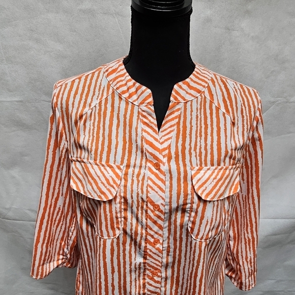 Notations Stripped Orange & White Button Up Top 97% Polyester 3% Spandex Sz S - Picture 2 of 8